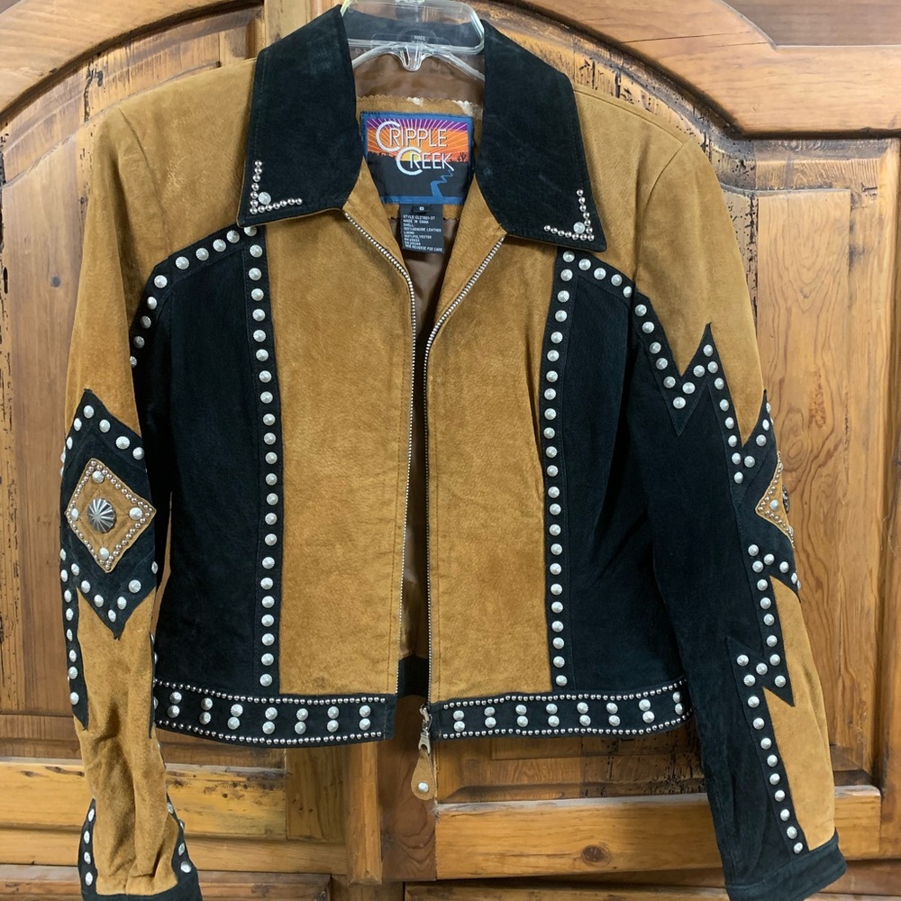 Cripple Creek Women's Tan and Black Studded Leather Jacket